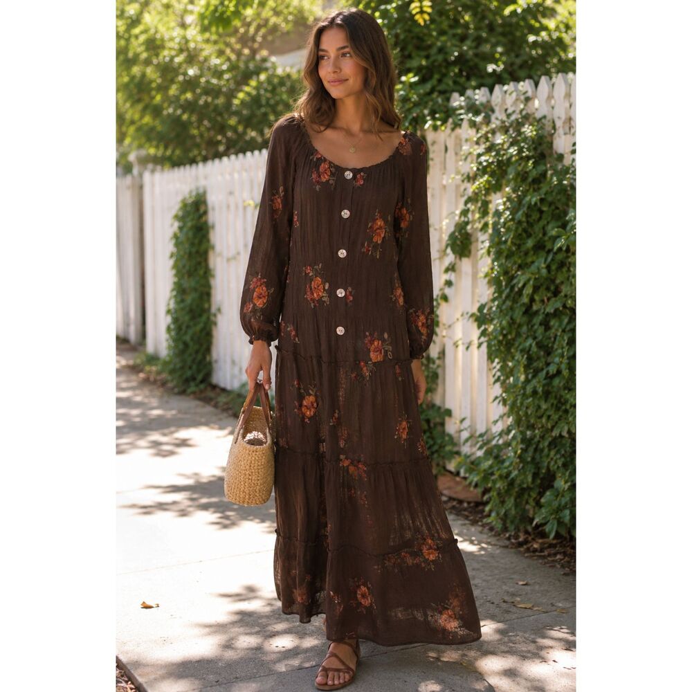 summer comfy Embroidered Boho Maxi Dress | Cottagecore Prairie Dress | L
